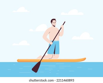 Young man is on his knees in swimsuit on sup. Stand up paddle. Modern flat style illustration isolated on white background.