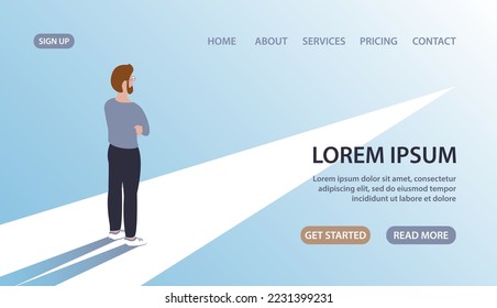 A young man is on his way to new opportunities. Choice of career, work and future. Abstract concept. Design for banner, website. Vector flat illustration background