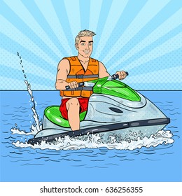 Young Man on Jet Ski. Extreme Water Sports. Pop Art vector illustration