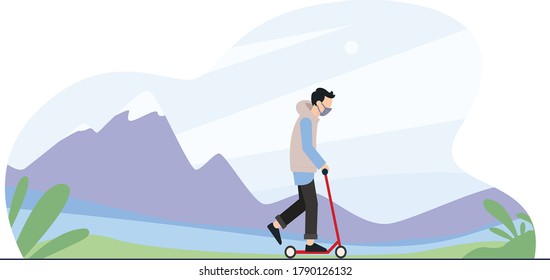 Young man on kick scooter. Guy with backpack rolling on electric scooter. Hipster character uses modern urban transport. Ecological, convenient city transportation. Cartoon flat vector illustration