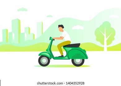 Young man on a moped rides on the background of the city and the Park. Man riding retro scooter  in the summer . The concept of movement in the city. Urban lifestyle. Vector illustration.