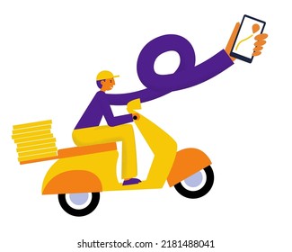 Young man on motorbike. Delivery courier boy with long hand holding mobile phone with tracking map. Food delivery by scooter. Flat vector illustration