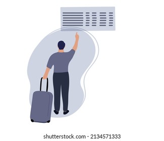 A young man on the road with a suitcase looks at the train timetable board. business trip or evacuation. Resettlement during hostilities or states of emergency. Flat vector illustration