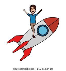 young man on rocket startup