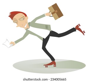 Young man on roller skates rush for business