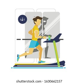 Young man on a running track. Vector illustration, flat style. Healthy lifestyle concept. Man doing exercises in the gym, sport and health theme. 