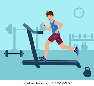 Young man on running track. Fitness illustration personal training. Workout and training jogging, exercise on treadmill. Vector illustration in modern flat style.