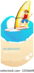 Young man on a sailboard sails on the sea waves 
