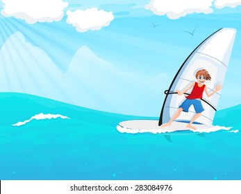 Young man on a sailboard sails on the waves