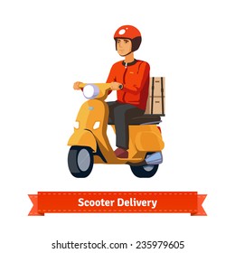 Young man on a scooter delivering packages. Flat style illustration. EPS 10 vector.