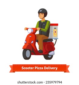 Young man on a scooter delivering pizza. Flat style illustration. EPS 10 vector.