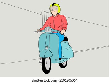 Young man on a scooter wearing helmet. Hand drawn style vector design illustrations