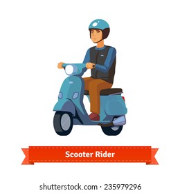 Young man on a scooter wearing helmet. Flat style illustration. EPS 10 vector.