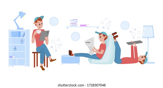 A young man is on self-isolation, reads the news and learns, drinks coffee, flat style cartoon illustration.