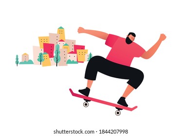 Young man on a skateboard. Extreme sport training tricks isolated on white background. Active rest on a skateboard. Skateboarding vector illustration