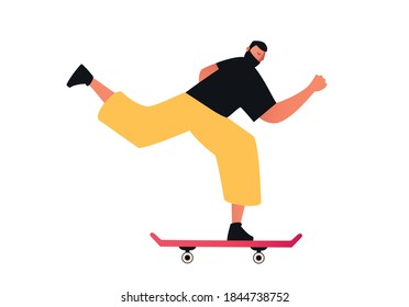 Young man on a skateboard. Extreme sport training tricks isolated on white background. Active rest on a skateboard. Skateboarding vector illustration