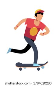 Young man on skateboard. Simple young character skater guy skating on board. Outdoor activities in park, extreme sport, healthy leisure lifestyle. Flat vector cartoon isolated illustration