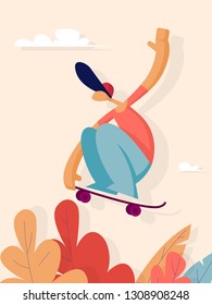 Young man on skateboard. Vector illustration in flat style