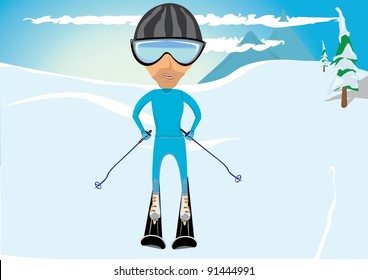 young man on ski on a slope. Vector  illustration.