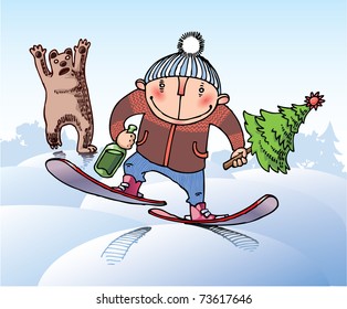 The young man on skis is running away from the wild bear. He had stole a Christmas tree!