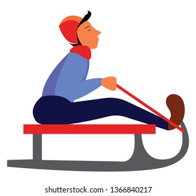 Young man on sledge vector or color illustration