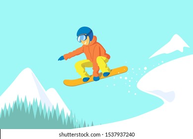 A young man on a snowboard rides in the mountains. Winter sport and relaxation. Vector illustration in flat style. Banner design.