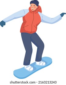 Young man on snowboard smiling. Winter extreme sport isolated on white background