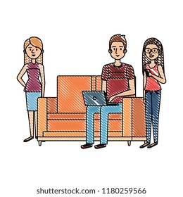 young man on the sofa with laptop and girls