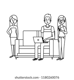 young man on the sofa with laptop and girls