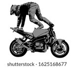 Young man on sports bike performs tricks. Isolated silhouette on a white background