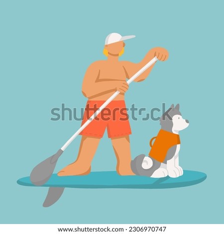 Young man on stand up paddle board with dog in life vest. Cartoon boy  and husky on SUP surfing in the sea. Cute vector  illustrations