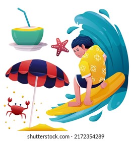 Young man on surfboard to surfing on sea wave with beach umbrella, crab, starfish, coconut, sand in cartoon character, vector illustration