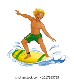 A young man on a surfboard on the wave. Holidays in the Hawaiian Islands. Vector illustration. Funny character in the cartoon style.