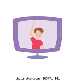 young man on video in the screen computer, activity indoor vector illustration
