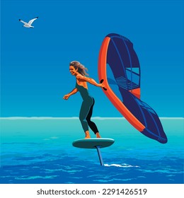 Young Man on Wing Foil surf in open ocean 