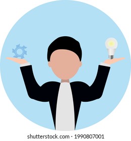 a young man in one hand holds a gear as a symbol of work and in the other a light bulb as a symbol of an idea concept of business and success