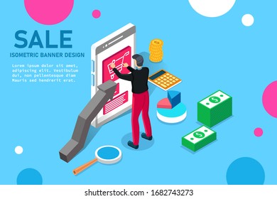 Young man and online buying and selling service. Construction of mobile interface. Shopping and related materials. Isometric vector detailed illustration.