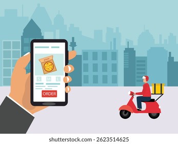 Young man online pizza delivery retro scooty, on the road way through city vector illustration.