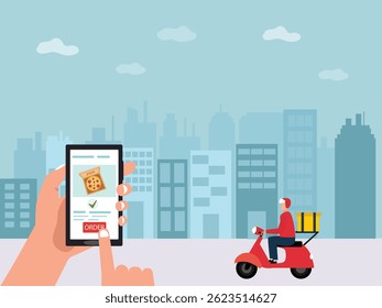 Young man online pizza delivery retro scooty, on the road way through city vector illustration.