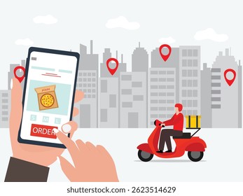 Young man online pizza delivery retro scooty, on the road way through city vector illustration.