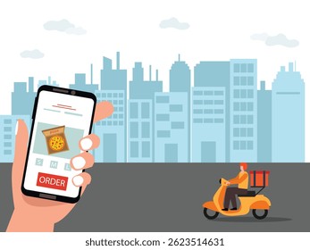 Young man online pizza delivery retro scooty, on the road way through city vector illustration.