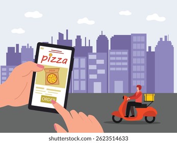 Young man online pizza delivery retro scooty, on the road way through city vector illustration.
