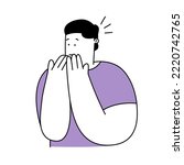 Young man with an Oops expression, covering her face and mouth with his hand. astonished expression, thoughtfulness, and almost forgetfulness. Thin line vector illustration on white background