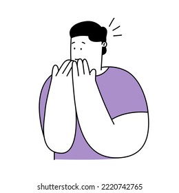 Young man with an Oops expression, covering her face and mouth with his hand. astonished expression, thoughtfulness, and almost forgetfulness. Thin line vector illustration on white background