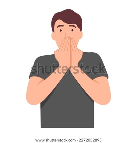 Young man with an Oops expression, covering her face and mouth with his hand. astonished expression, thoughtfulness, and almost forgetfulness in flat design on white background.