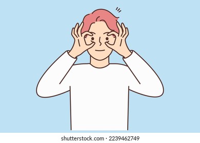 Young man open eyes with hands. Stressed male looking with eyes wide open feeling shocked or amazed. Vector illustration. 