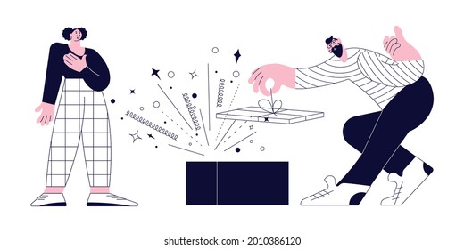 Young man opened huge gift with surprise for Young african woman. Giving gifts for a holiday concept isolated on white in modern outline minimalist design. Flat Art Vector Illustration.