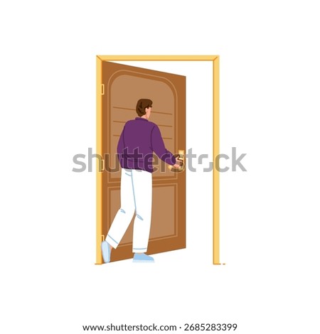 Young man is opening the door, entering new home or leaving apartment, starting new life, moving to new house, change of residence, new beginning concept