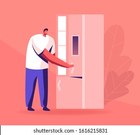 Young Man Opening Smart Refrigerator with Informational Display and Wireless Wifi Internet Connection. Household Artificial Intelligence Device for Kitchen, Iot Tech. Cartoon Flat Vector Illustration