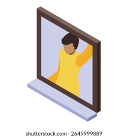 Young man is opening a window and enjoying the fresh air coming inside